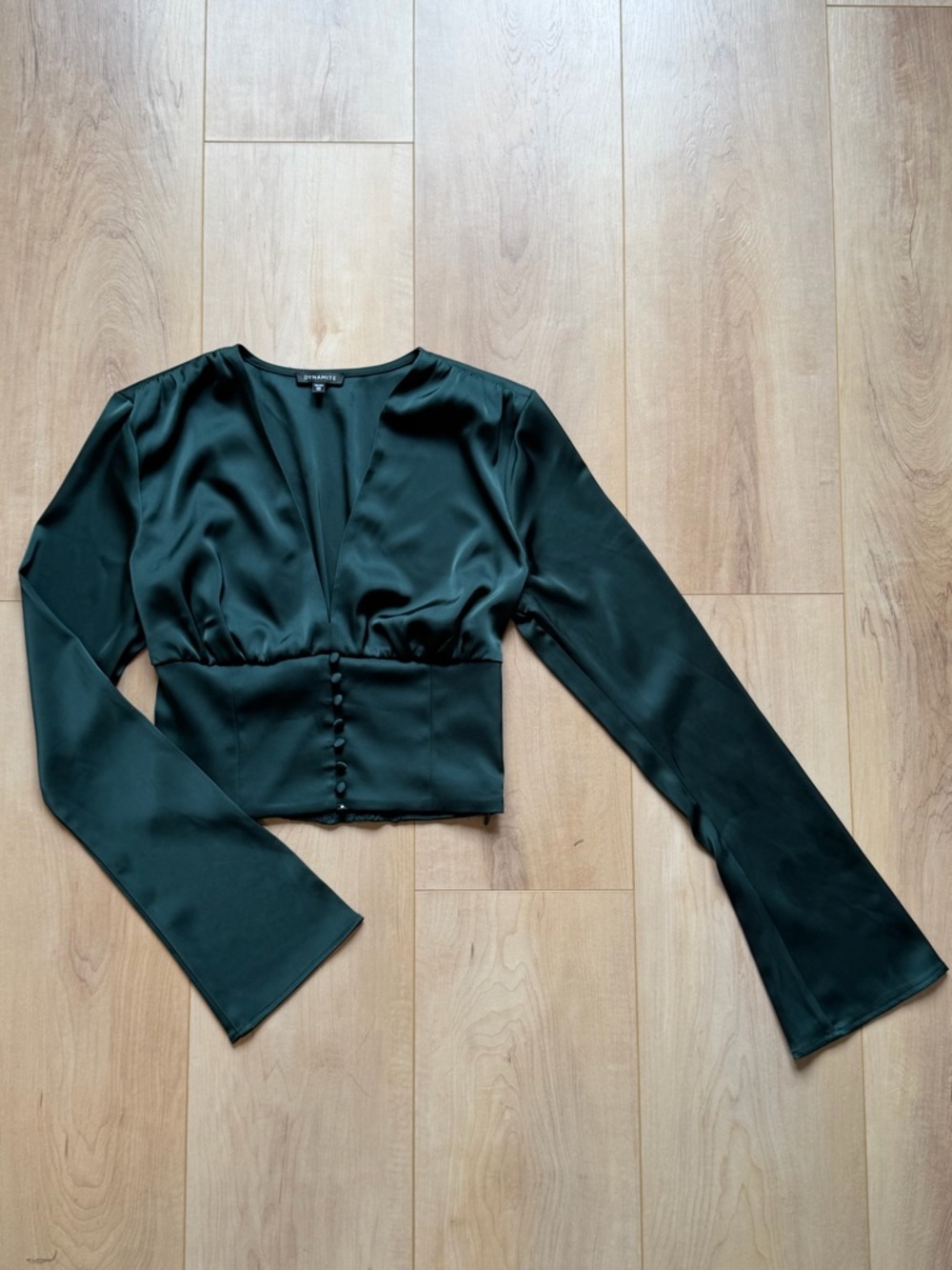 Dynamite Dark Green Satin Plunge Crop Blouse